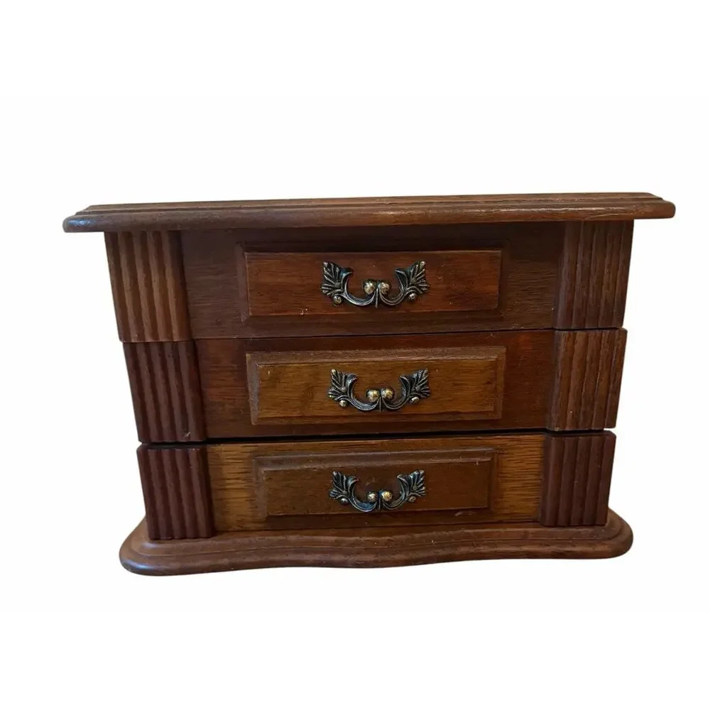 Vintage Wooden Jewelry Box 3 Drawers & Mirror Mini Dresser Style Yellow Velvet